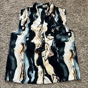 Women Black Brown Green Elegant V-neck Abstract Sleeveless Blouse